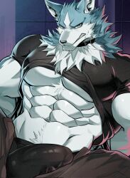 abs angry anthro brand_new_animal canid canine canis chung0_0 clothed clothing collar fur hi_res male male_only mammal raised_clothing raised_shirt raised_topwear shirou_ogami shirt simple_background solo studio_trigger topwear white_body white_fur wolf