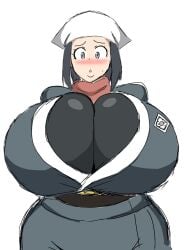 akari_(pokemon) blush breasts_bigger_than_head clothed clothed_female game_freak gray_eyes huge_breasts hyper_breasts large_breasts massive_breasts momiji_(artist) pokemon pokemon_legends:_arceus purple_hair short_hair short_purple_hair white_background