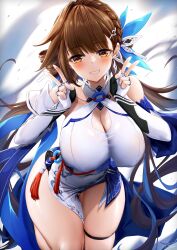 big_ass big_breasts braided_hair brown_hair cheongsam clothed clothing fully_clothed gold_eyes hairclip honkai_(series) honkai_impact_3rd huge_breasts li_sushang long_hair ribbon thick_thighs white_dress wide_hips xfate