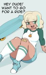 1girls bandage blonde_hair darkeros13 dialogue disney dyed_hair english_text eyebrows_visible_through_hair female female_only freckles green_hair jackie_lynn_thomas looking_at_viewer shorts skateboard socks solo star_vs_the_forces_of_evil tan_skin text thedarkeros thick_thighs thighs