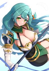 1girls absurdres aqua_hair armor bangs bare_shoulders braid breastplate breasts chloe_(fire_emblem) cleavage covered_navel elbow_gloves female female female_only fire_emblem fire_emblem_engage garter_straps gloves gonzarez green_eyes highres large_breasts long_hair looking_at_viewer nintendo pegasus_knight_uniform_(fire_emblem) polearm shoulder_armor side_braid single_braid skin_tight smile solo spear very_long_hair weapon white_gloves