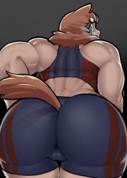 1girls 2017 ass ass_focus blue_eyes butt_focus dog_ears dog_tail felicia_(krekk0v) female female_only gym_uniform krekk0v muscular_back muscular_female solo solo_female