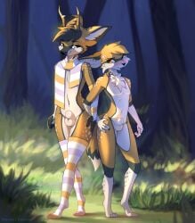 animal_genitalia anthro balls canid canine clothing deer duo fox freeedon genitals heterochromia hi_res legwear male mammal mostly_nude nude pattern_clothing pattern_legwear pattern_stockings scarf sheath stockings striped_clothing striped_legwear striped_stockings stripes