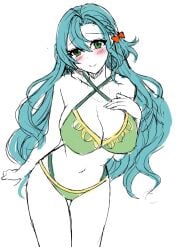 1girls alternate_costume aqua_hair bare_arms bare_shoulders bikini blue_hair blush bow breasts chloe_(fire_emblem) cleavage commentary_request cowboy_shot criss-cross_halter female female_only fire_emblem fire_emblem_engage green_bikini green_eyes green_swimsuit hair_between_eyes hairbow halterneck hand_on_own_chest highres large_breasts long_hair looking_at_viewer navel nintendo official_alternate_costume orange_bow simple_background sketch smile solo standing stomach swimsuit tara_(szzj7733) thighs very_long_hair white_background