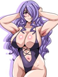 1girls alternate_costume bare_thighs breasts camilla_(fire_emblem) cleavage female female_only fire_emblem fire_emblem_fates hair_over_one_eye inabakun00 large_breasts long_hair nintendo one-piece_swimsuit pink_eyes purple_hair purple_one-piece_swimsuit purple_swimsuit sideboob simple_background smile solo thighs very_long_hair