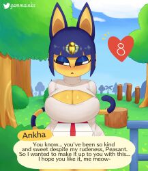 2021 absurd_res alternate_version_at_source animal_crossing ankha ankha_(animal_crossing) anthro big_breasts blue_eyes blue_eyeshadow blue_hair blush breasts cleavage cleavage_cutout clothed clothing curvy_figure cute detailed_background dialogue digital_media_(artwork) domestic_cat english_text eyelashes eyeshadow felid feline felis female flustered fur furry furry_only gammainks gift grass hair header header_box heart hi_res holding_gift holding_object huge_breasts keyhole_turtleneck looking_aside looking_away makeup mammal nintendo number numbered_heart outside plant romantic short_hair signature solo standing sweater tail talking_to_viewer text text_box text_bubble topwear tree tsundere turtleneck white_clothing white_sweater white_topwear wholesome yellow_body yellow_fur