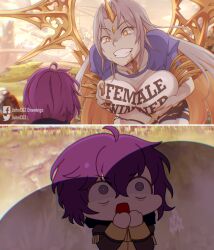 2girls alternate_costume artist_name bernadetta_von_varley blonde_hair breast_envy breasts chibi commentary english_commentary english_text facebook_username female female_only fire_emblem fire_emblem:_three_houses fire_emblem_heroes garreg_mach_monastery_uniform grey_hair gullveig_(fire_emblem) highres horns johncgz large_breasts long_hair mega_milk meme multicolored_hair multiple_girls nintendo open_mouth pale_skin purple_eyes purple_hair shadow shirt single_horn teeth twitter_username two-tone_hair uniform very_long_hair yellow_horns