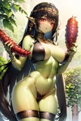 1girls ai_generated big_breasts bikini black_hair elf elf_female green_body green_skin highres legwear long_hair looking_at_viewer ogre ogre_female red_eyes stable_diffusion underwear