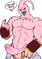 artist_request balls black_sclera boner dragon_ball dragon_ball_z erection majin male male_only muscles muscular pants_down penis pink_body puri_porn purico red_eyes shirtless solo solo_male speech_bubble super_buu tongue_out