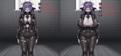 arms au_ra before_and_after black_jacket blush brainwashed brainwashing breast_expansion breast_growth breasts_bigger_than_head captured captured_heroine choker clothed clothing cosplay cum cum_on_breasts cum_on_face cum_on_hair cumshot enemy_conversion final_fantasy final_fantasy_xiv ham121ham hamham_121 heart-shaped_pupils horns huge_breasts hyper_breasts hypnosis mind_control nemissa_(megami_tensei) oc original_character purple_hair scaled semen semen_on_body skeb_commission status_effect two_tone_hair