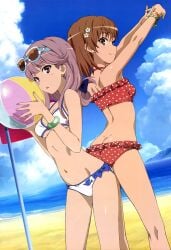 10s 2013 2girls :o absurd_res armpits ass ass-to-ass ass_cleavage back-to-back ball bare_shoulders beach beachball bikini breasts brown_eyes brown_hair brunette butt_crack cloud eyewear_on_head feet_out_of_frame hi_res iwasaki_shouta legs light-skinned_female light_skin long_hair matching_hair/eyes meigo_arisa midriff misaka_mikoto multiple_girls navel nyantype ocean official_art outdoors parasol pink_hair polka_dot polka_dot_bikini polka_dot_swimsuit purple_eyes scan short_hair shoulder_blades sky smile standing stretching sunglasses sunglasses_on_head swimsuit teenage_girl teenager to_aru_kagaku_no_railgun to_aru_majutsu_no_index umbrella underboob water young