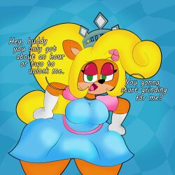 1girls 2019 3barts absurd_res activision anthro bandicoot blonde_hair coco_bandicoot crash_(series) crash_team_racing_nitro-fueled dialogue flower_in_hair green_eyes lipstick looking_at_viewer png princess_dress solo talking_to_viewer text text_bubble thick_thighs wide_hips