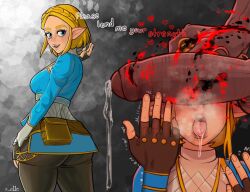 1boy 1girls ass bimbo blonde_hair blue_eyes breath_of_the_wild cant_see_the_haters corruption crown_braid cuckold dark-skinned_male dark_skin dat_ass drooling english_text ganondorf huge_cock huge_penis interracial light-skinned_female light_skin looking_at_viewer looking_back netorare nintendo official_alternate_hair_length official_alternate_hairstyle penis penis_on_face precum princess_zelda short_hair submissive submissive_female tears_of_the_kingdom text the_legend_of_zelda time_skip unseen_male_face x_e11e zelda_(tears_of_the_kingdom)