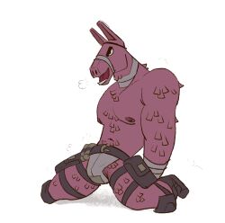 animate_inanimate anthro bulge cseed epic_games eyepatch fortnite fortnite:_battle_royale hands_behind_back jockstrap llama looking_up lt._john_llama male_only on_knees piñata pink_body pink_fur solo tactical_gear