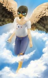 anthro bird_girl blue_jeans brown_feathers clouds flying furry green_eyes sky sparkittyart t-shirt white_feathers