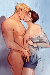 blush closed_eyes haikyuu!! kissing male_only mostly_nude nude_male shower shower_sex takeda_ittetsu tsuumei ukai_keishin undressing undressing_partner wet_shirt yaoi