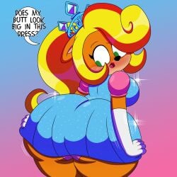 1girls 3barts activision anthro ass_focus bandicoot big_ass big_butt blonde_hair blush coco_bandicoot crash_(series) dialogue green_eyes lipstick looking_back princess_dress solo text text_bubble thick_thighs wide_hips