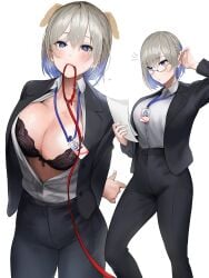 arms_behind_back black_bra blue_eyes bra breasts button_down_shirt collar collar_in_mouth collared_shirt glasses grey_hair heart-shaped_pupils holding_paper hypnosis id_card large_breasts leash looking_at_viewer name_tag office_lady original pants papers pet_play petplay shirt shirt_open shirt_tucked_in short_hair uthy