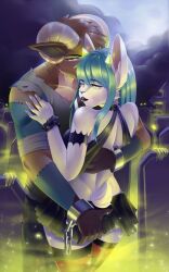 anthro blue_eyes blue_hair brown_fur brown_hair catgirl cemetery duo fog furry halloween purple_eyes ram_boy skirt sparkittyart white_fur