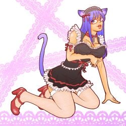 =@= alternate_costume animal_ears arm_under_breasts armband big_lips big_penis breast_lift cat_ears cat_tail catgirl collar female female_only fishnet_thighhighs fishnets frills full_body gintama glasses high_heels kemonomimi kneeling long_hair looking_at_viewer maid maid_headdress maid_uniform mary_janes mole_under_eye nekomimi parted_lips purple_eyes purple_hair red-framed_glasses sarutobi_ayame solo thighhighs white_legwear