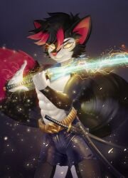 anthro belt cat_boy cat_ears catboy fit_male fox_tail furry glowing_eyes katana magic magic_sword shorts sparkittyart thunder yellow_eyes