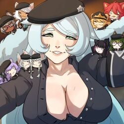 aqua_(kinkymation) aqua_hair big_breasts black_hair blonde_hair cat_ears cat_girl cleavage cornelia_(kinkymation) dark-skinned_female dark_skin female female_only gemi_(kinkymation) glasses green_eyes green_hair grey_hair hat heart-shaped_pupils hi_res kansa_(kinkymation) kinkymation leah_(kinkymation) light-skinned_female light_skin livia_(kinkymation) long_hair looking_at_viewer multiple_girls narrowed_eyes nina_(kinkymation) outstretched_arms pink_highlights purple_hair red_hair sage_(kinkymation) scarlet_(kinkymation) smiling smiling_at_viewer teeth_showing virginia_(kinkymation) zodicat