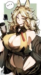 1boy 1girls 2023 animal_ears arknights armpits bare_shoulders belly belly_button big_breasts blonde_hair breasts cat_ears catgirl cleavage cleavage_cutout coffee cowboy_shot cup doctor_(arknights) gin_moku gloves hi_res hips looking_at_viewer medium_hair messy_hair quercus_(arknights) smile solo standing upper_body