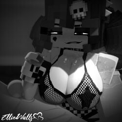 1boy 1girls 3d big_breasts biting_lip black_and_white breasts busty clothing commission daisy_dukes ellie_walls_(odysseyellie) face_tattoo female fishnet_shirt fishnets freckles goth goth_girl handjob heart_tattoo huge_breasts large_breasts looking_at_viewer male male_pov mine-imator minecraft odysseyellie pasties pov shorts skull_hair_ornament spiked_hairband tattoo wide_hips