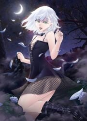 black_dress black_fingernails black_lipstick dress fog foggy girly goth_girl green_eyes happy long_boots moon short_dress small_breasts sparkittyart stars white_hair white_rose