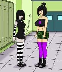 2girls angry angry_face black_hair commentary_request crossover danny_phantom fist flats ghosthunter1851(artist) goth_girl hair_over_eyes large_ass large_breasts lucy_loud mary_janes multiple_girls no_panties purple_eyes sam_manson schoolgirl the_loud_house thick_ass thick_legs wide_hips wide_thighs