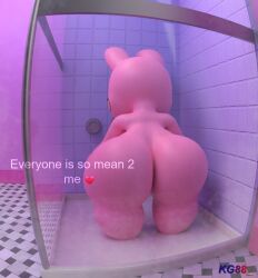 1girls anthro ass back_view baobab_(kg88) broken_heart bunny emoji english_text everyone_is_so_mean_2_me female female_focus female_only furry hips hyper_ass imp kg88 lagomorph large_ass meme nude nude_female pink_fur rabbit sad shortstack shower shower_stall text thick_thighs thighs wide_hips