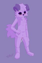 absurd_res anthro blush bodily_fluids canid canine canis cel_shading cerealbowlsystem cum domestic_dog empty_eyes floppy_ears fluffy genital_fluids genitals hi_res jaffa_cake_(cerealbowlsystem) male mammal plushie pussy shaded solo standing stitch_(sewing)