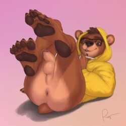 2023 5_toes anthro anus ass balls bear bottomless brown_body brown_eyebrows brown_fur brown_hair brown_tail clothed clothing eyebrows eyewear feet fur genitals glans glasses hair hi_res hoodie hoodie_only humanoid_genitalia humanoid_penis male mammal pawpads penis perineum rov signature soles tail toes topwear topwear_only yellow_clothing yellow_hoodie yellow_topwear