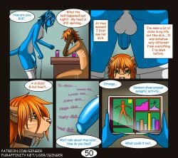 alice_(iginger) anthro balls big_penis blue_body blue_fur blue_hair blue_penis breasts clothed clothing collar comic dialogue domestic_cat duo english_text felid feline felis feminization flaccid foreskin fur furaffinity_username genitals ginger_(iginger) girly green_eyes gynomorph hair humanoid_genitalia humanoid_penis iginger intersex intersex/male male mammal nipple_piercing nipples nude open_mouth orange_hair page_50 partially_clothed patreon penis piercing purple_eyes text white_balls white_body