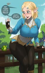 1girls absurdres big_breasts blonde_hair breasts breath_of_the_wild clothed clothing echosaber english_text female female_focus frog hot-footed_frog humanoid hylian large_breasts light_skinned_female link link_(breath_of_the_wild) nintendo outdoors pale_skin png pointy_ears princess_zelda short_hair sitting smile speech_bubble tears_of_the_kingdom the_legend_of_zelda thick_thighs zelda_(tears_of_the_kingdom)