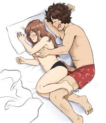 1boy 1girls armpit_hair barefoot black_panties blush body_hair boxers breast_grab brown_hair erection facial_hair female full_body gintama grabbing_from_behind hair_down hot_dogging larger_male long_hair male male_pubic_hair mutsu_(gintama) on_bed on_side panties penis penis_out sakamoto_tatsuma size_difference sleep_molestation sleeping smaller_female spicy spooning stubble surprised topless topless_female topless_male uncensored veiny_penis