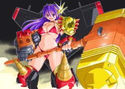 1girls athena_(series) big_breasts bikini breasts busty cleavage female female_only hammer highres large_breasts legs long_hair navel open_mouth princess_athena purple_eyes purple_hair red_bikini smile snk solo swimsuit thighs voluptuous weapon