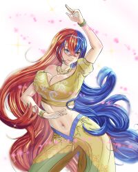 1girls alboeire alear_(female)_(fire_emblem) alear_(fire_emblem) alternate_costume belly_dancer belly_dancer_outfit blue_eyes blue_hair bracelet bracelets cleavage dancer dancing female female_only fire_emblem fire_emblem_engage hair_ornament heterochromia hi_res highres long_hair multicolored_hair necklace nintendo red_eyes red_hair smile solo sparkles very_long_hair