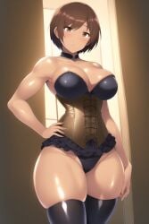 ai_generated brown_eyes brown_hair corset dark-skinned_female dark_skin highres legwear lingerie nai_diffusion original original_character rubycks shiny_skin short_hair stable_diffusion thick_thighs thighhighs toned_female window