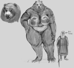 2020s 2023 anthro bear big_breasts biped breasts claws digital_media_(artwork) doctordj duo elden_ring english_text female finger_claws fromsoftware fur furry genitals greyscale hi_res holding_object holding_spear holding_weapon human larger_anthro larger_female male mammal melee_weapon monochrome nipples polearm pussy rule_63 runebear simple_background size_difference smaller_human smaller_male spear text thick_thighs toe_claws weapon white_background wide_hips