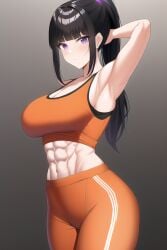 abs ai_generated black_hair brown_background enen_no_shouboutai fire_force hand_in_hair highres muscular_female nai_diffusion orange_pants orange_topwear oze_maki ponytail purple_eyes rubycks sports_bra stable_diffusion toned_female workout_clothes yoga_pants