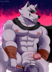 1boy abs absurd_res anthro ass balls big_penis black_nose black_sclera canid canine canis death_(puss_in_boots) dreamworks erection eyebrows fur genitals glans grey_body grey_fur hi_res holding_sickle humanoid_genitalia humanoid_penis male male_only mammal muscular muscular_anthro muscular_male nipples pecs penis pink_glans pink_nipples puss_in_boots_(film) red_eyes shadow shirou_muffin sickle smile solo solo_male vein veiny_penis white_body white_fur wolf