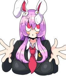 1girls big_breasts bunny_ears bunny_girl business_suit inviting_hug light-skinned_female nipple_bulge notnoe_(dxcl) purple_hair red_eyes reisen_udongein_inaba touhou