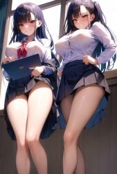 2girls ai_generated black_hair breasts brown_eyes brown_hair female grin holaraai huge_breasts light-skinned_female light_skin long_hair low-angle_view naughty_face original original_character red_eyes rinomaw school_uniform schoolgirl short_skirt skirt stable_diffusion suggestive_look thick_thighs