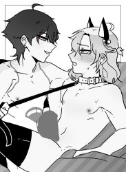 2boys albedo_(genshin_impact) censored collar gay genshin_impact grayscale male_only petplay scaramouche_(genshin_impact) stockings yaoi