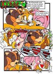 amy_rose amy_rose_(boom) anthro badger canid canine dialogue eulipotyphlan female fox greenhill group hedgehog kissing licking_crotch male male/female mammal mustelid musteline sega sonic_(series) sonic_boom sonic_the_hedgehog_(series) speech_bubble sticks_the_badger tails trio