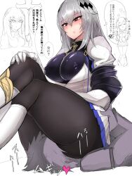 1boy 1girls azur_lane blush breastplate covered_nipples facesitting female gauntlets grey_hair iris_libre_(azur_lane) kukoi light-skinned_female light_skin male male_silhouette mole_under_eye pantyhose red_eyes saint-louis_(azur_lane) silhouette thick_ass thick_thighs white_boots white_jacket white_skirt