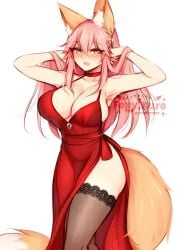 1girls animal_ears armpits big_breasts breasts cleavage cocktail_dress dress fate/grand_order fate_(series) fox fox_ears fox_girl fox_tail foxykuro kitsune large_breasts red_dress solo tail tamamo_no_mae_(fate) thighhighs