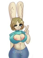 big_breasts bunny_(piggy) bunny_ears bunny_girl furry jeans nakorokore piggy_(game) roblox roblox_game short_shirt tagme twitter_username watermark