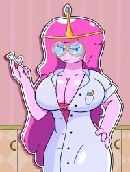 adventure_time big_breasts blush bursting_breasts condom_wrapper glasses gooey labcoat laboratory long_hair lunartempt open_shirt pink_hair pink_skin princess_bubblegum round_glasses scientist seductive_look thick_thighs tiara vial